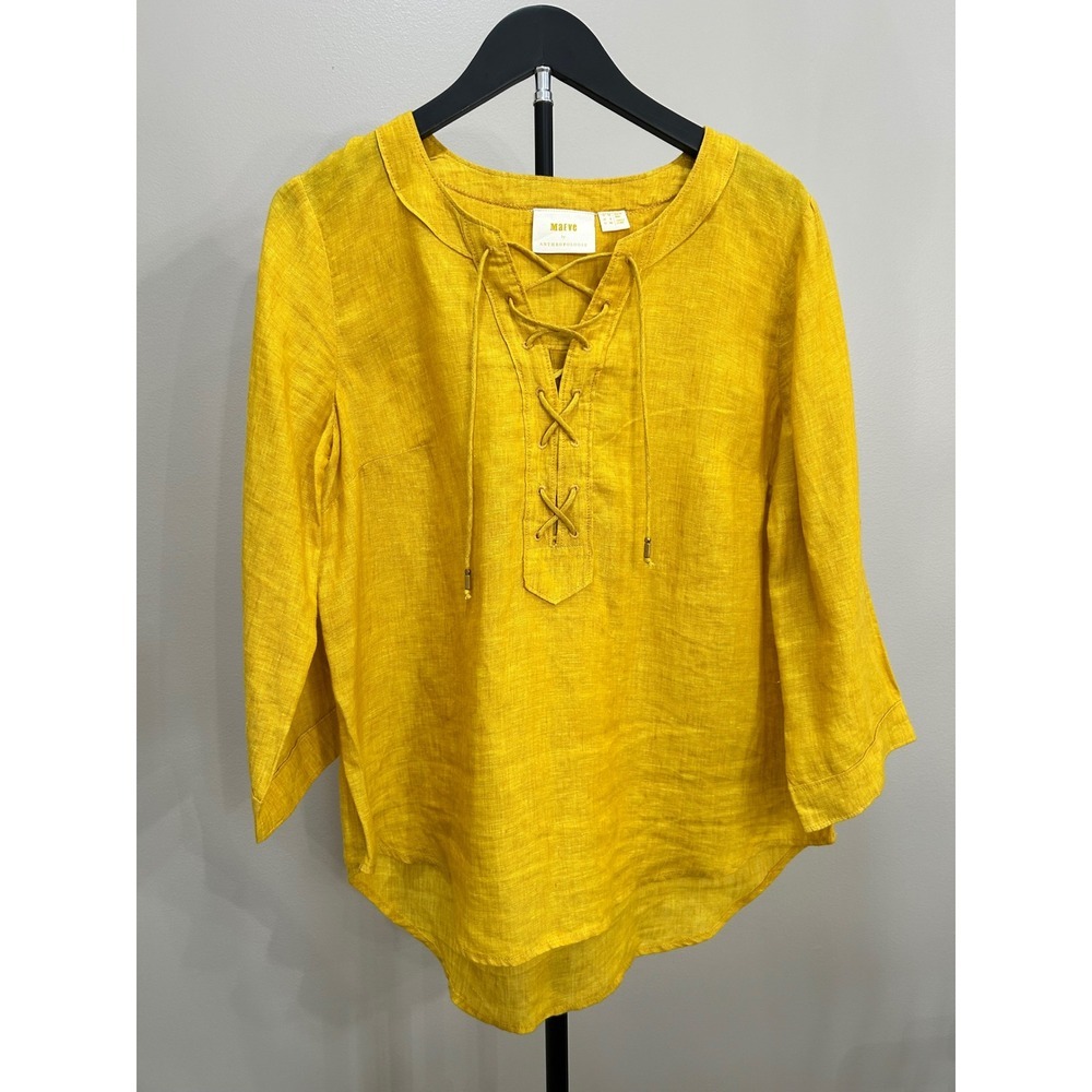 Anthropologie Maeve Mustard Yellow Linen Lace-Up Blouse Size 8